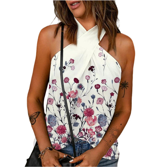 Casual Slim-fit Back-zip Halter-neck Printed Sleeveless Patchwork Top