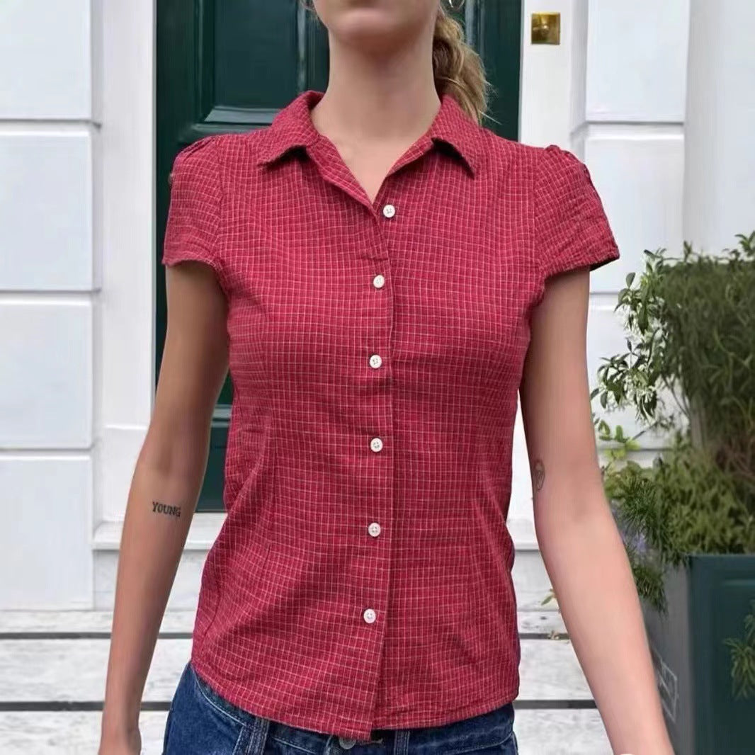 New American Red Pattern Short Sleeve Shirt Top Women
