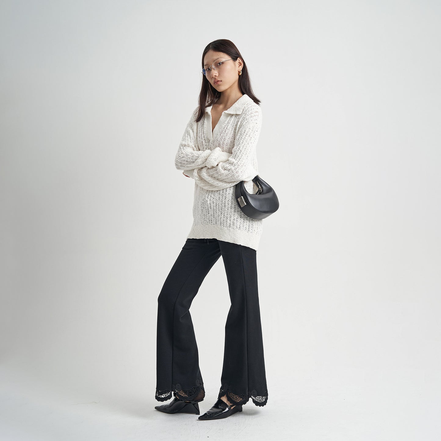 Black Trousers Lace Drawstring Women's High Waist