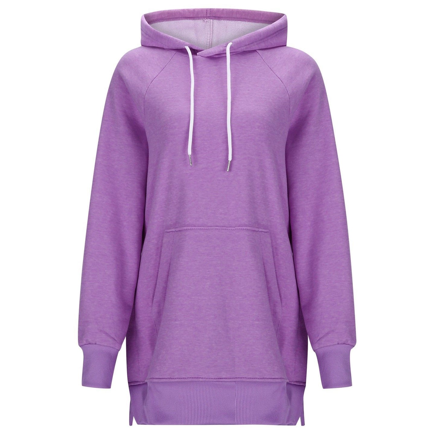 Dame ensfarvet sweater med hætte, slidser ved skuldrene og ærmer