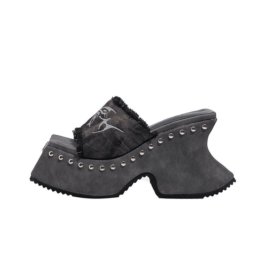 Square Toe Frayed Butterfly Thick Sole Rivets Slippers