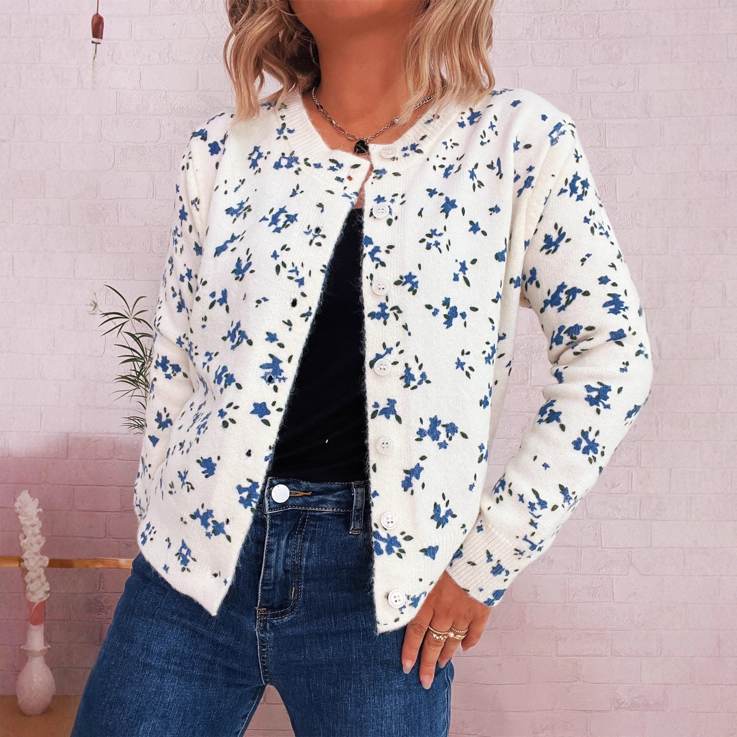 Simple Flower Print Cardigan Commuter Round Neck Knitted Sweater