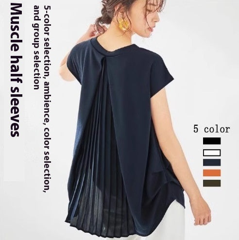 Women's Loose V-neck Short Sleeve Pleated Irregular Stitching Shirt