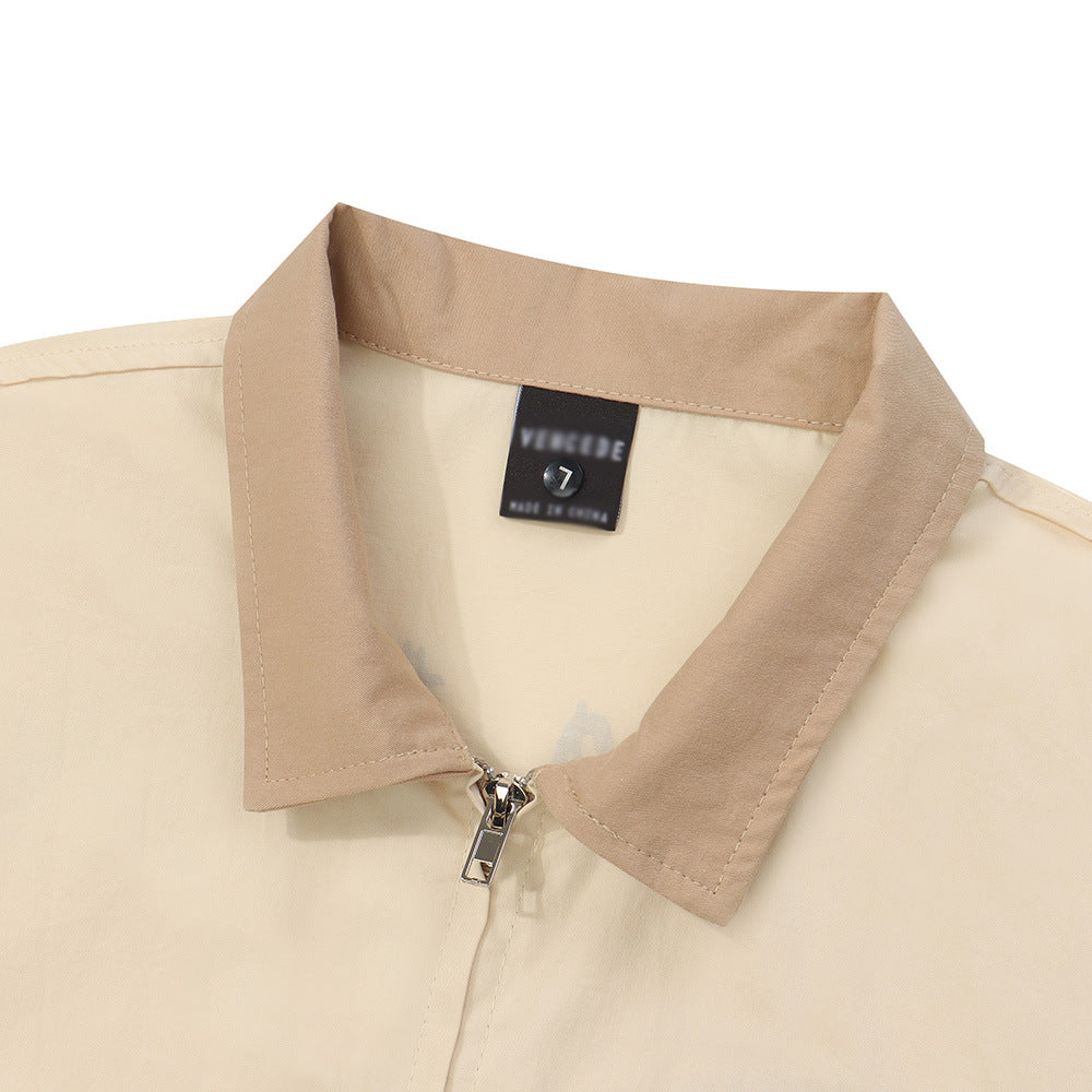 Loose Spring And Autumn Lapel Color Matching American Street Fashion Zipper Shirt