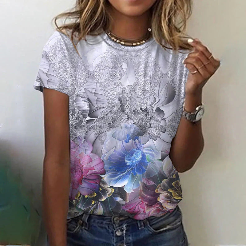 Dame T-shirt med rund hals og korte ærmer med 3D-blomsterprint