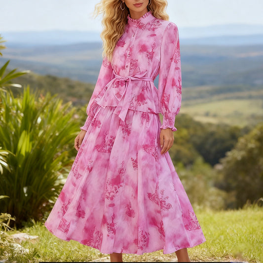 Printed Long-sleeved Top Skirt Suit Vacation Style