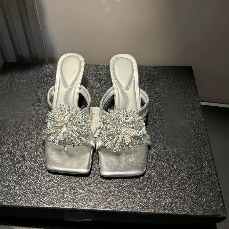 Spring-Summer Fashion Firework Rhinestone Chain High-End Design Influencer Outdoor Wear Non-Slip Square Toe High Heel Sandals
