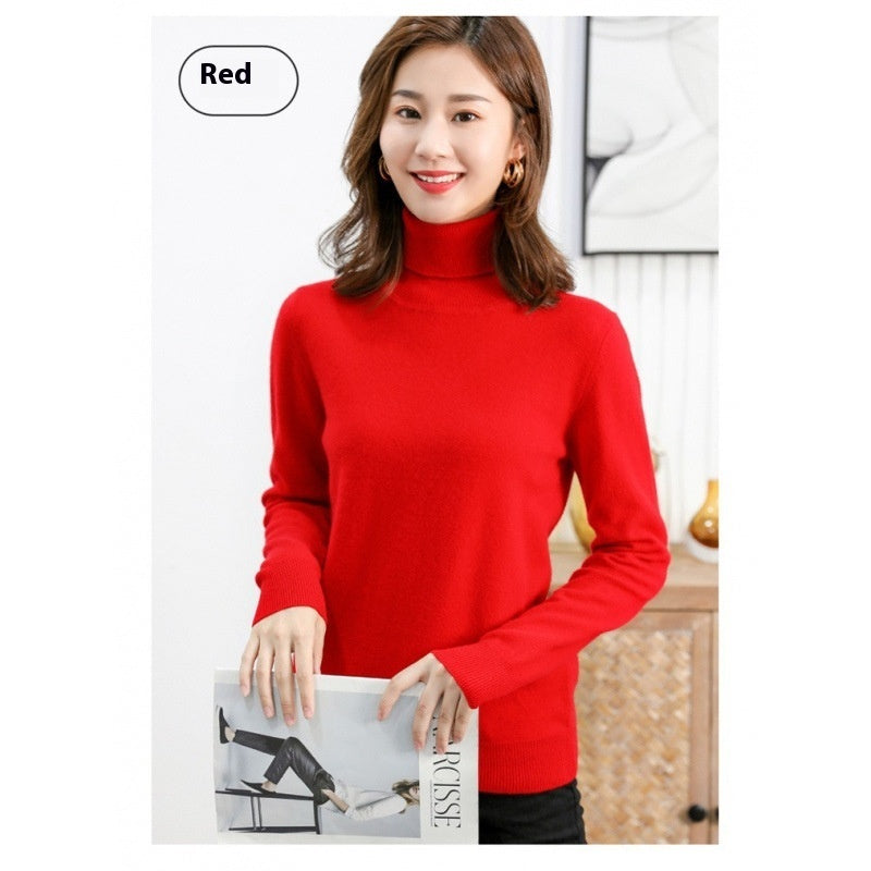 Pure Wool Sweater Women's Turtleneck Pullover Solid Color Loose Short