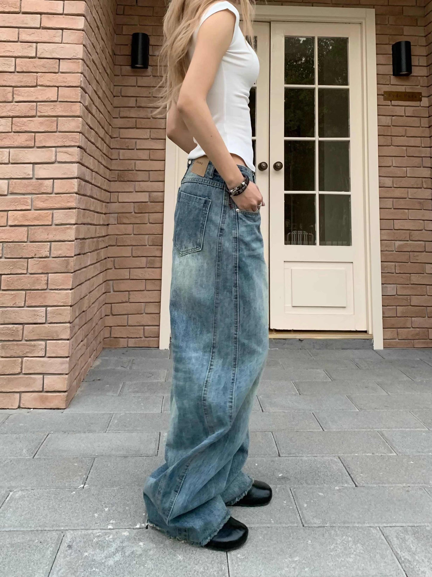 Retro Patchwork Design Wide Leg Jeans Casual Mopping Trousers