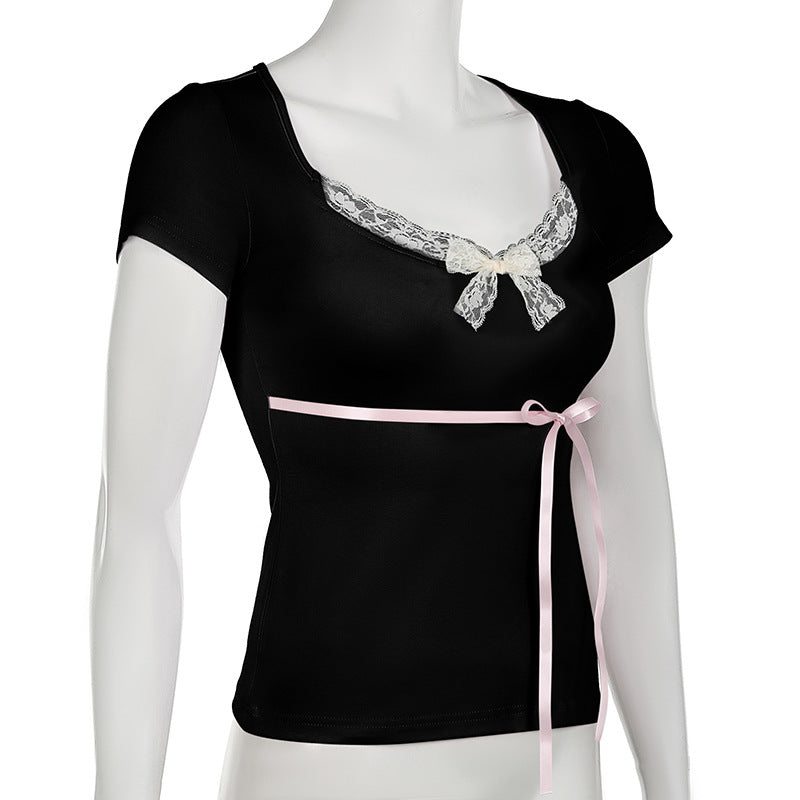 Pure Desire Girl Lace Stitching Satin Lace Design T-shirt Sweet All-matching Square-neck Cinched Bow Top