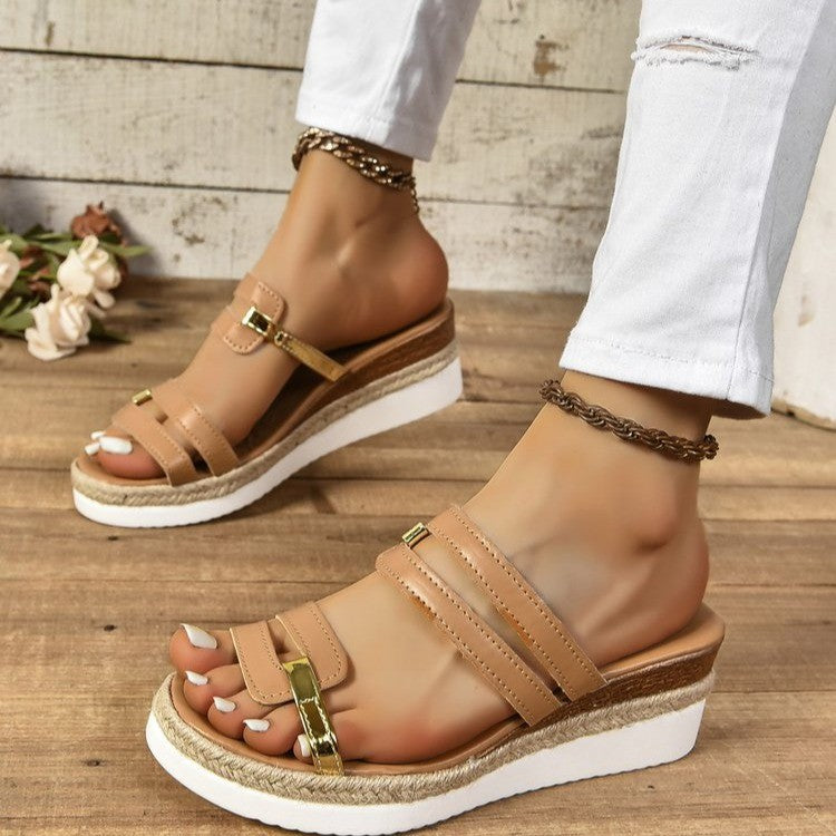 Colorblock-strop Kilehæl Sandaler Sommer Mode Hamp Hæl Slides Tøfler Udendørs Tyk Bund Fiskehals Sko til Kvinder