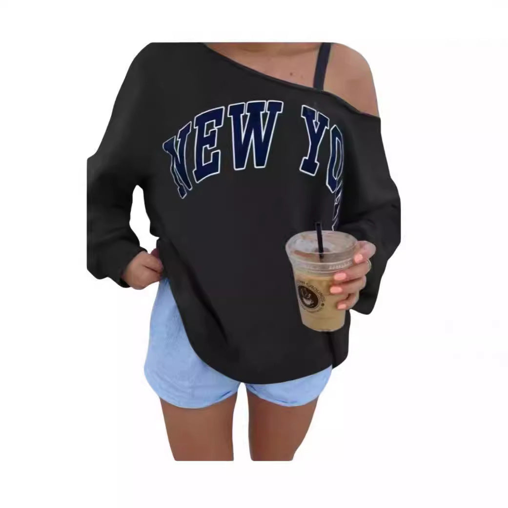 Women's Simple Letter Print Off-shoulder Long Sleeve Sweater