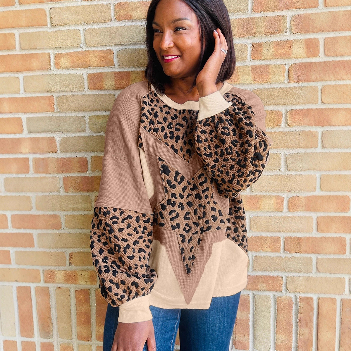 Women's Designer Leopard Print Long Sleeve Shirt With Shoulder Straps