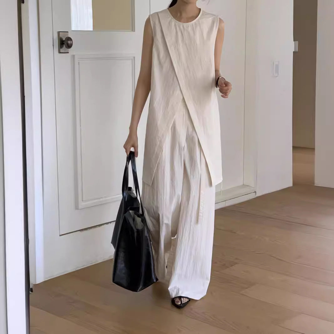 Split Sleeveless Lace-up Top High Waist Wide Leg Pants Two-piece Set