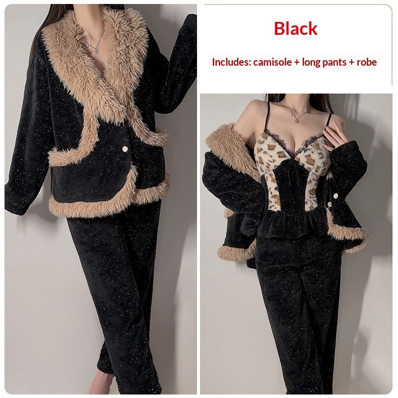 Womens Thickened Printed Lapel Pajama Set