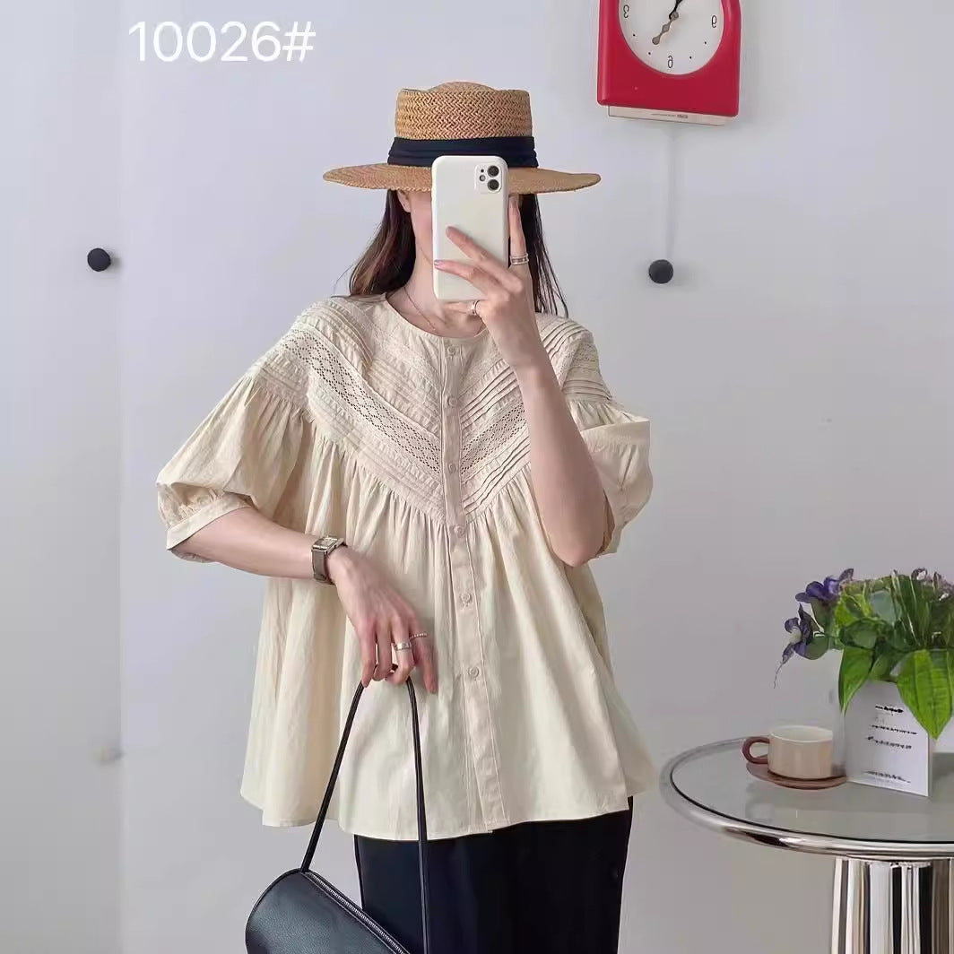 Solid Color Lace Round Neck Younger Short Sleeve Shirt Top