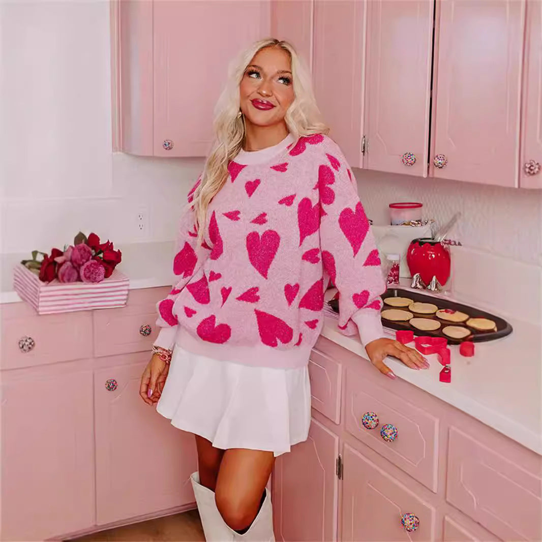 Round Neck Heart-shaped Two-color Jacquard Pullover Sweet