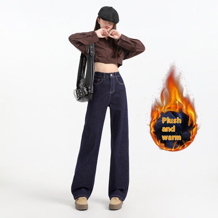 Fleece-lined Thickened Straight Jeans For Women