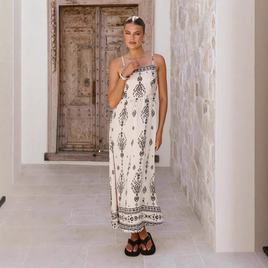 Fashionable Printed Casual Linen Sundress Skirt