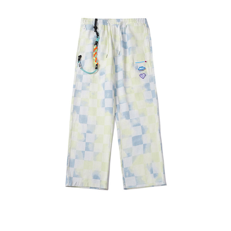 Tie-dye Plaid Straight-leg Pants Men's Trendy Brand Street Loose Wide-leg Casual Daddy Pants