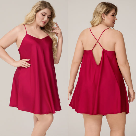 Plus-size ensfarvede pyjamassæt i satin-chiffon fra Europa og USA