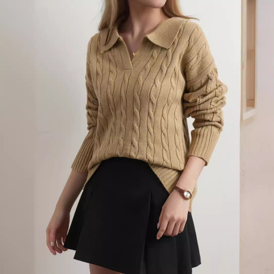 Autumn And Winter European And American Twisted Long Sleeve Lapel Twist V-neck Knitted Pullover
