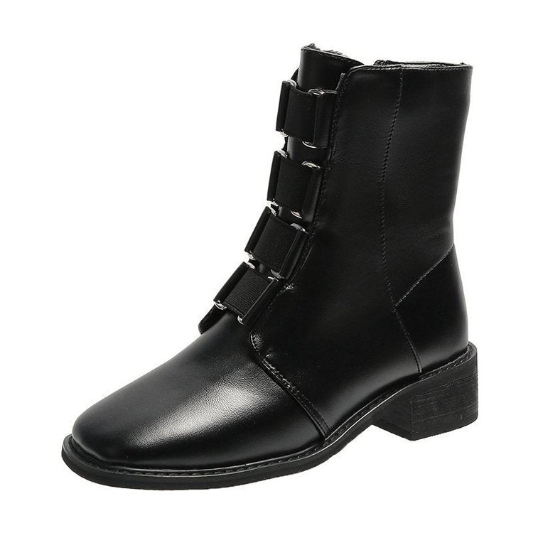 New Square Toe Thick Heel Side Zipper Short Boots