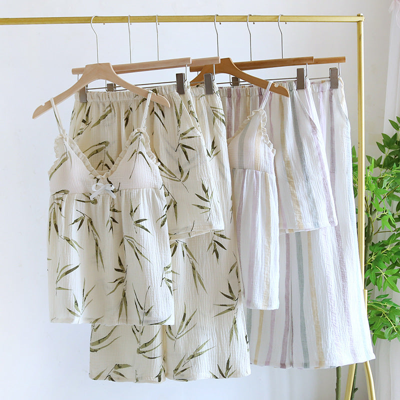 Dame Tredelt Pyjamas Med Sommer Seler i Ren Bomuld