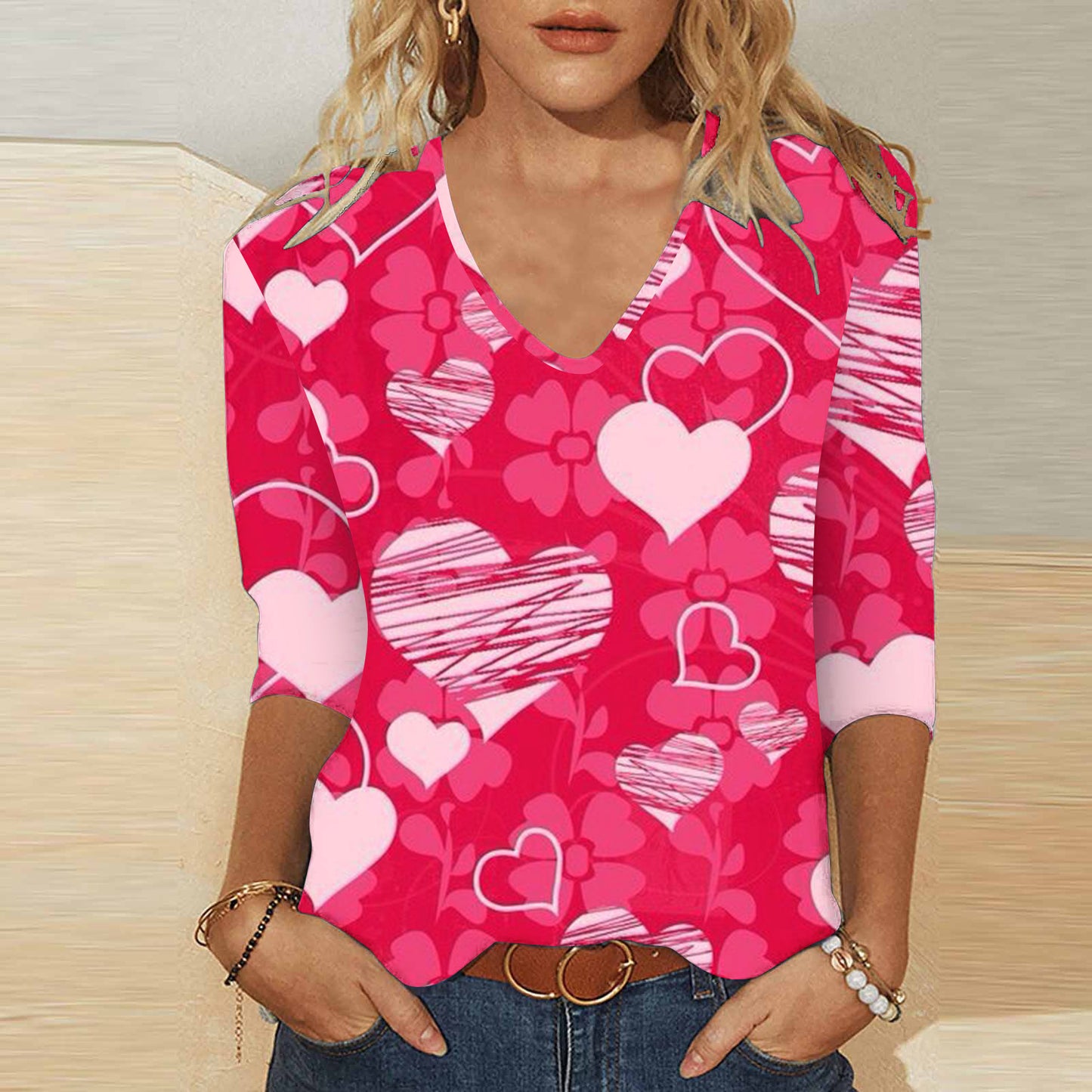 3D digitaltryk Valentinsdag Hjerteprint Kvinders søde afslappede løse V-hals 3/4-ærmet T-shirt