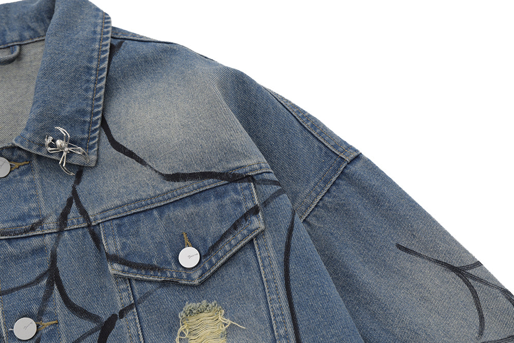 Spring And Autumn Jacket Men's Spider Web Printed Design Sense Niche High Street Washed And Worn Denim Coat