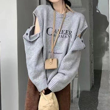 New Off-the-shoulder Letter Splicing Fashion Long Sleeve Knitted Women's Clothing