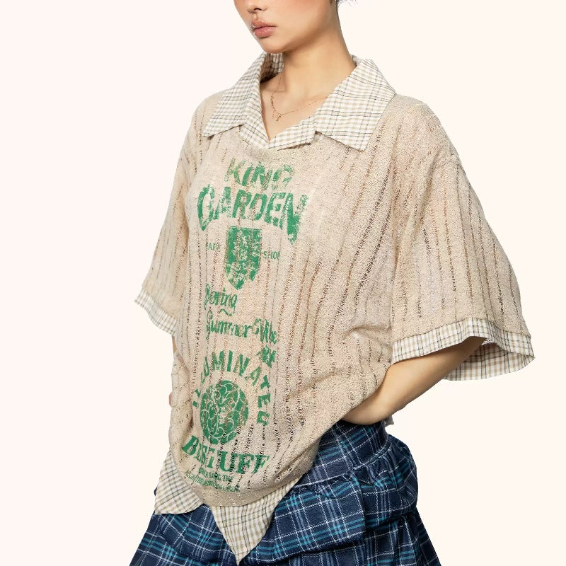Fake Two-piece Printed Hollow-out Short-sleeved T-shirt Female Summer New