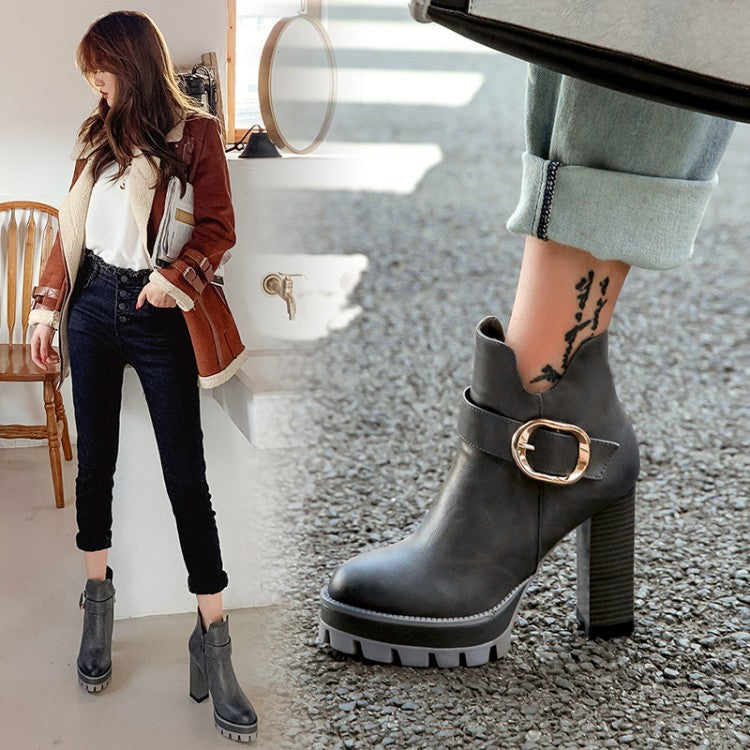 Belt Buckle Short Tube Waterproof Platform High Heel Short Women's Boots