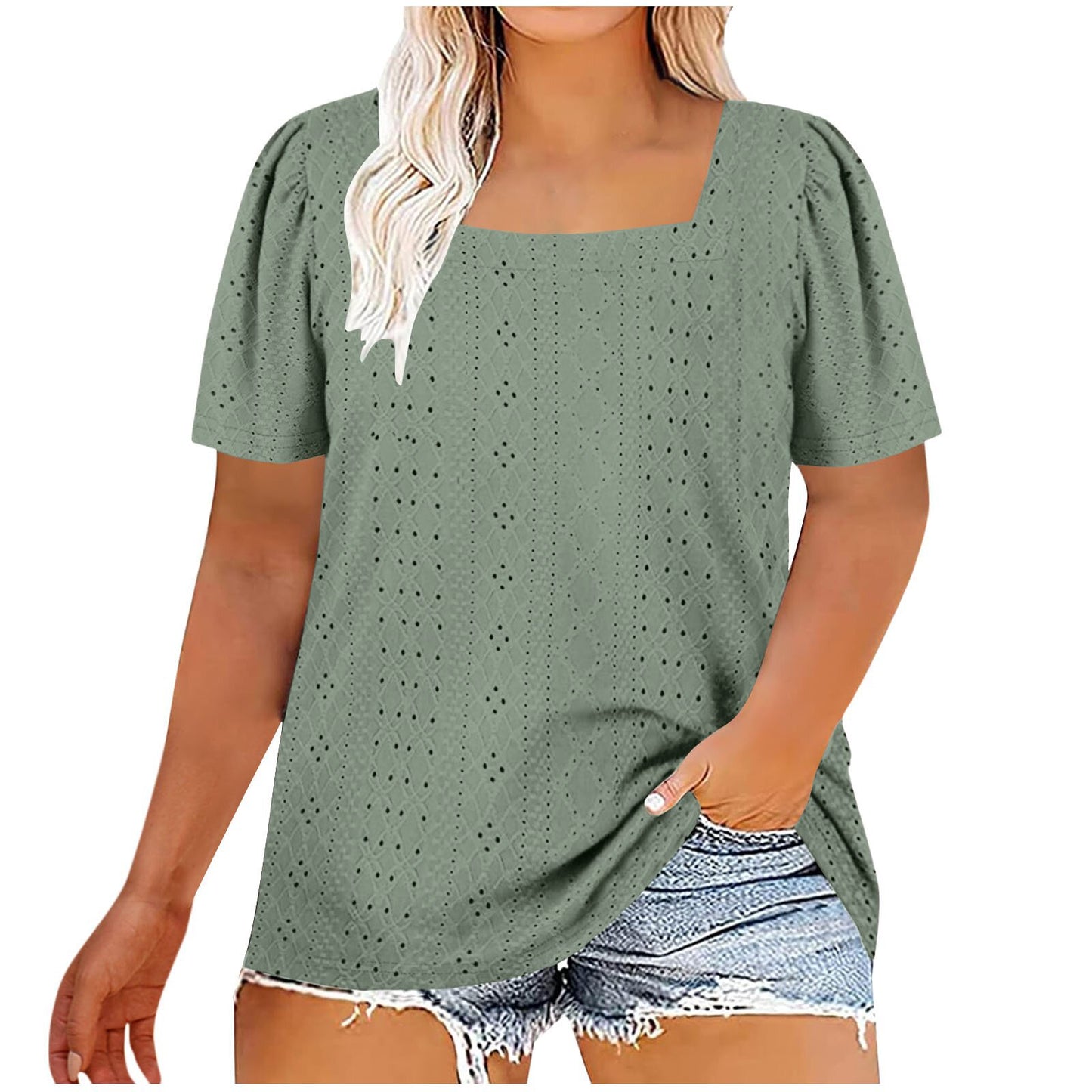 Casual U-neck Solid Color Hollow Loose-fitting T-shirt Top