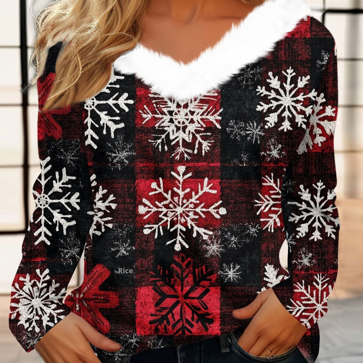 Women's Long Sleeve Christmas Print Party Furry Collar V-Neck Top