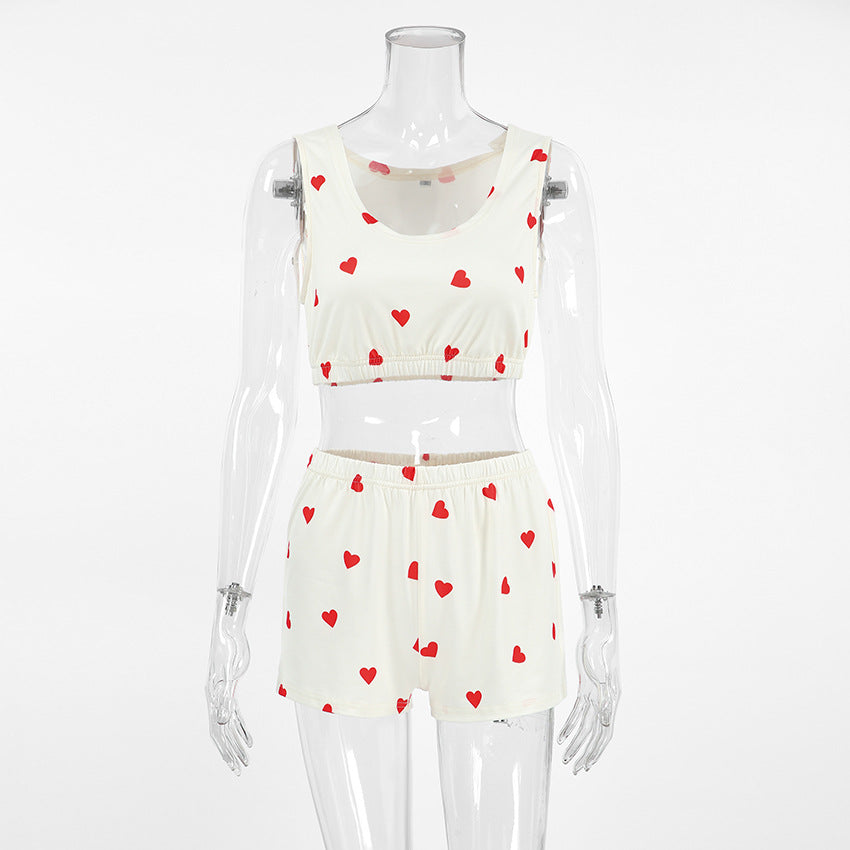 Heart-printed Vest And Elastic-waist Shorts Two Pieces