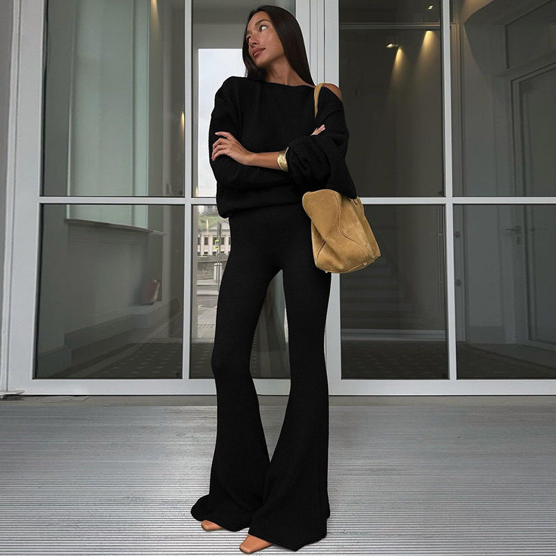 Instagram-style Off-shoulder Long-sleeve High-waist Flared Pants Fashionable Women's Suit