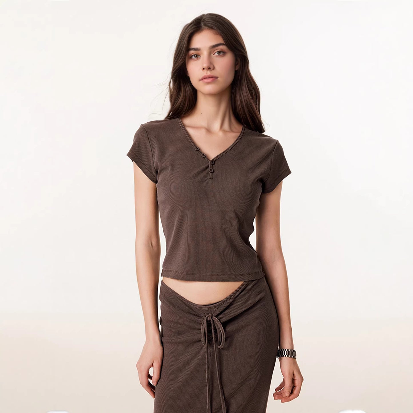 Small V-neck Drawstring Slimming Hip-hugging Skirt And V-neck Short-sleeve Top Womens New Set