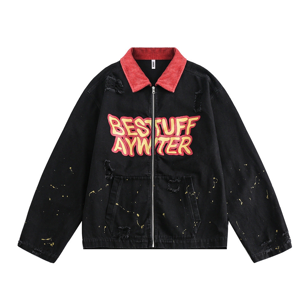 Color Matching Letters Polo Collar Jacket Men's Trendy Punk
