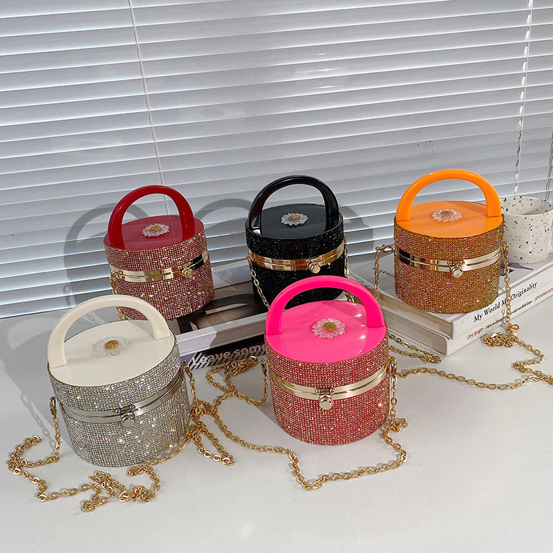 Niche Design Rhinestone Lock Bucket Chain Shoulder Messenger Bag