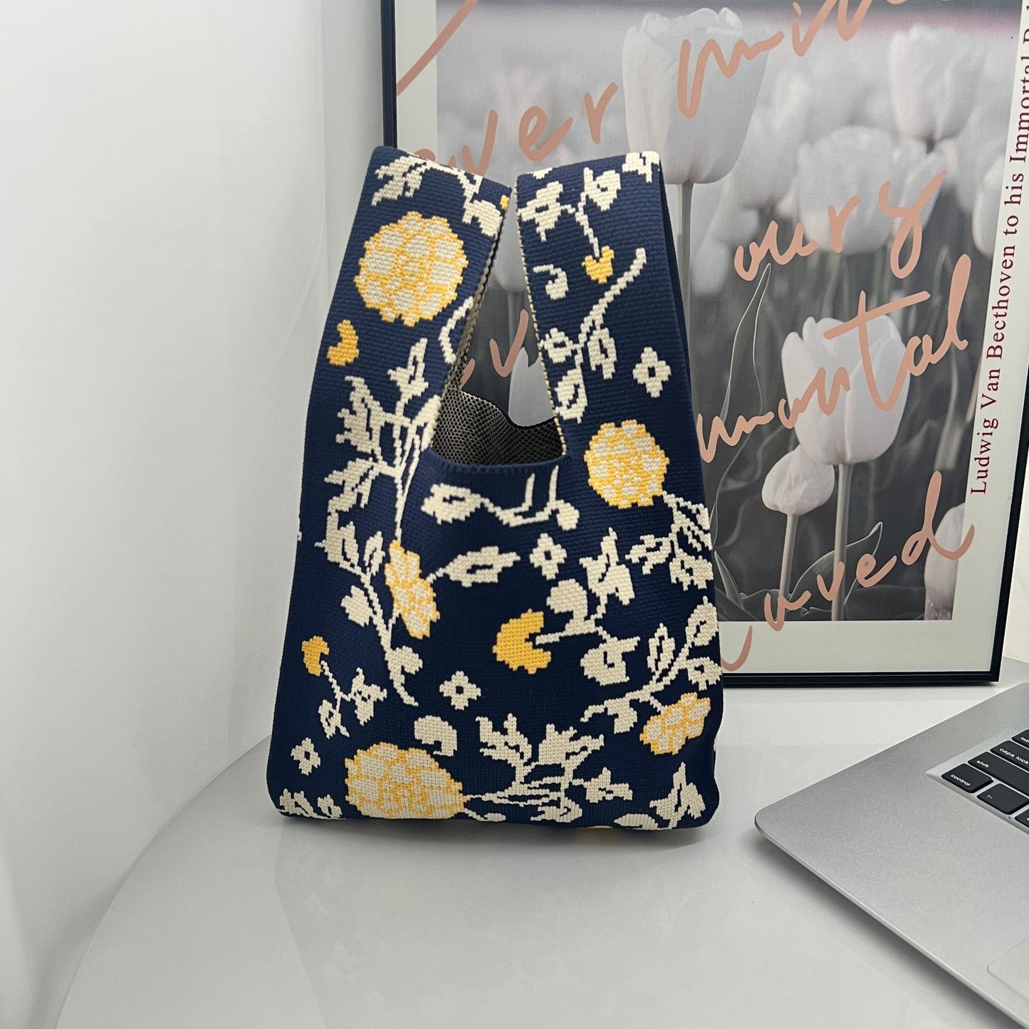 Girl's Floral Patchwork Knitted Handbag One Shoulder Knitted