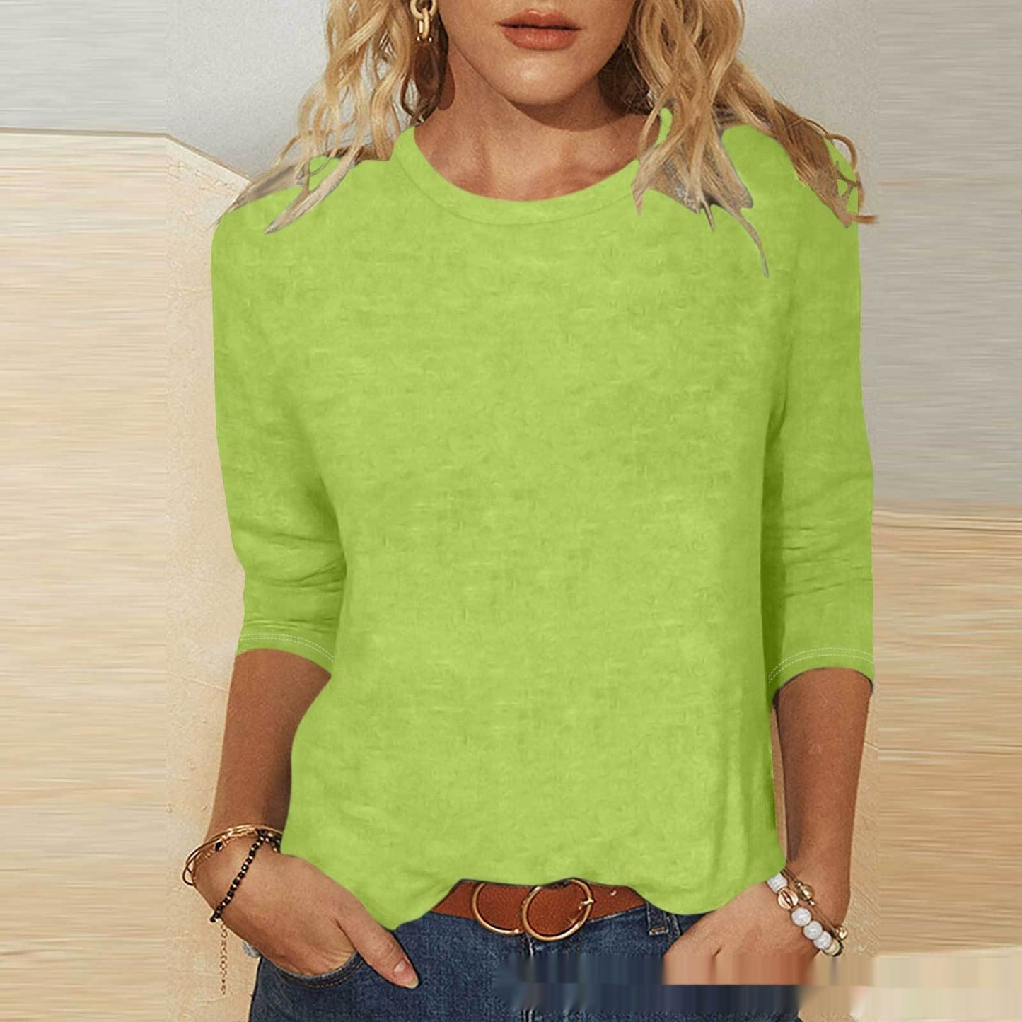 Round Neck 34 Sleeves Casual Top For Women