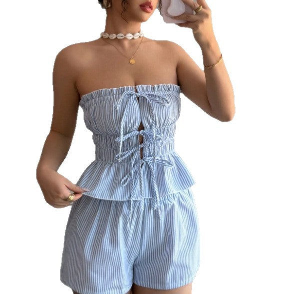 Striped Ruffled Midriff-baring Top Elastic-waist Shorts Two-piece Set