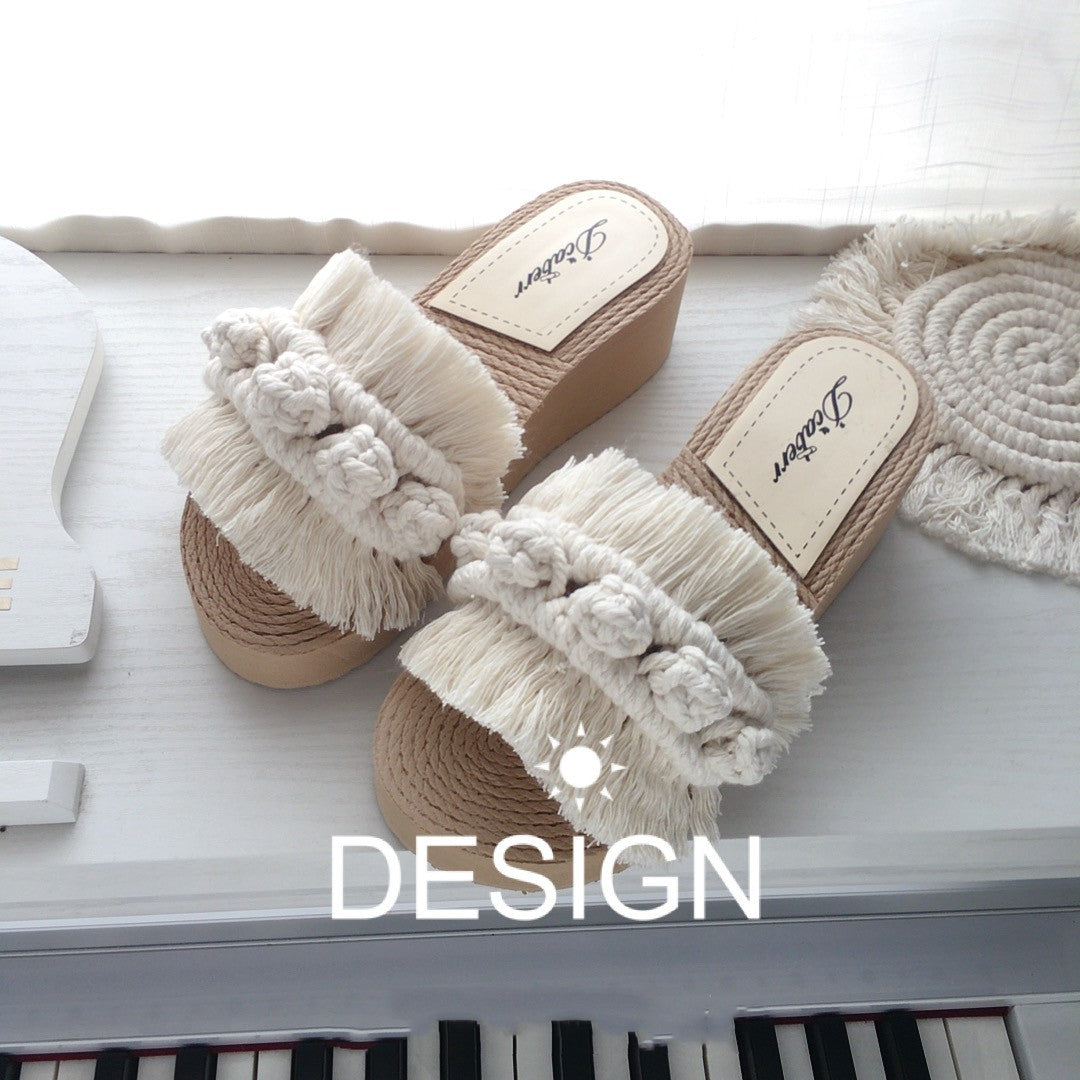 Hjemme- og ude-slippers med tyk sål i etnisk stil af bomuldsreb