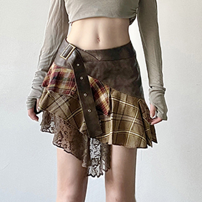 Retro Irregular Plaid Color Contrast Patchwork Skirt New