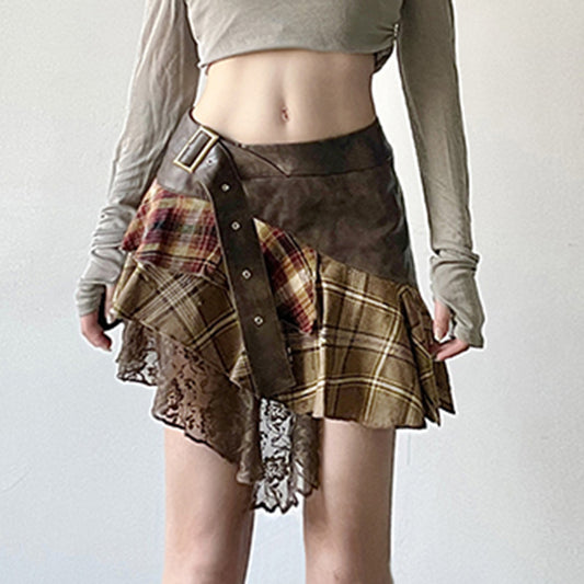 Retro Irregular Plaid Color Contrast Patchwork Skirt New