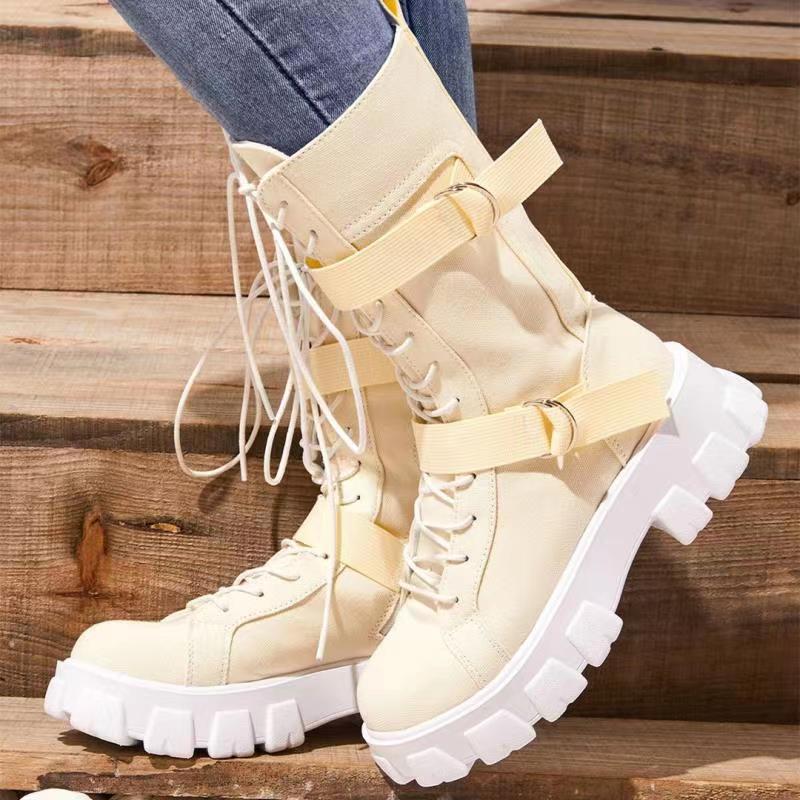 Canvas High-top Solid Color Platform Casual Round Toe Lace-up Motorcycle Boots