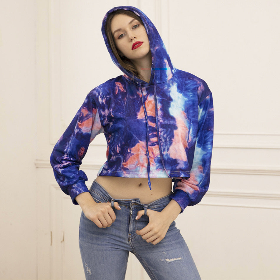 Ny Tie-dye Printet Cropped Hættetrøje Til Kvinder