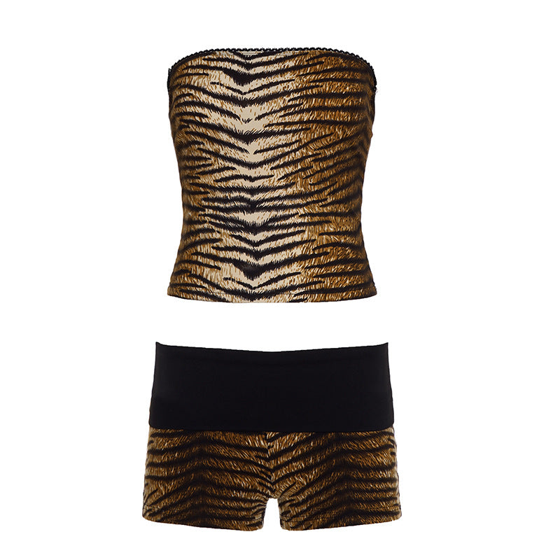 Bold Street-style Tube Top And Shorts Set With Animal Print