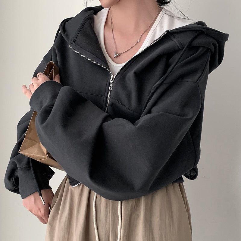 Hooded Double Open Loose Zip Long Sleeve Short Sweater Coat For Women